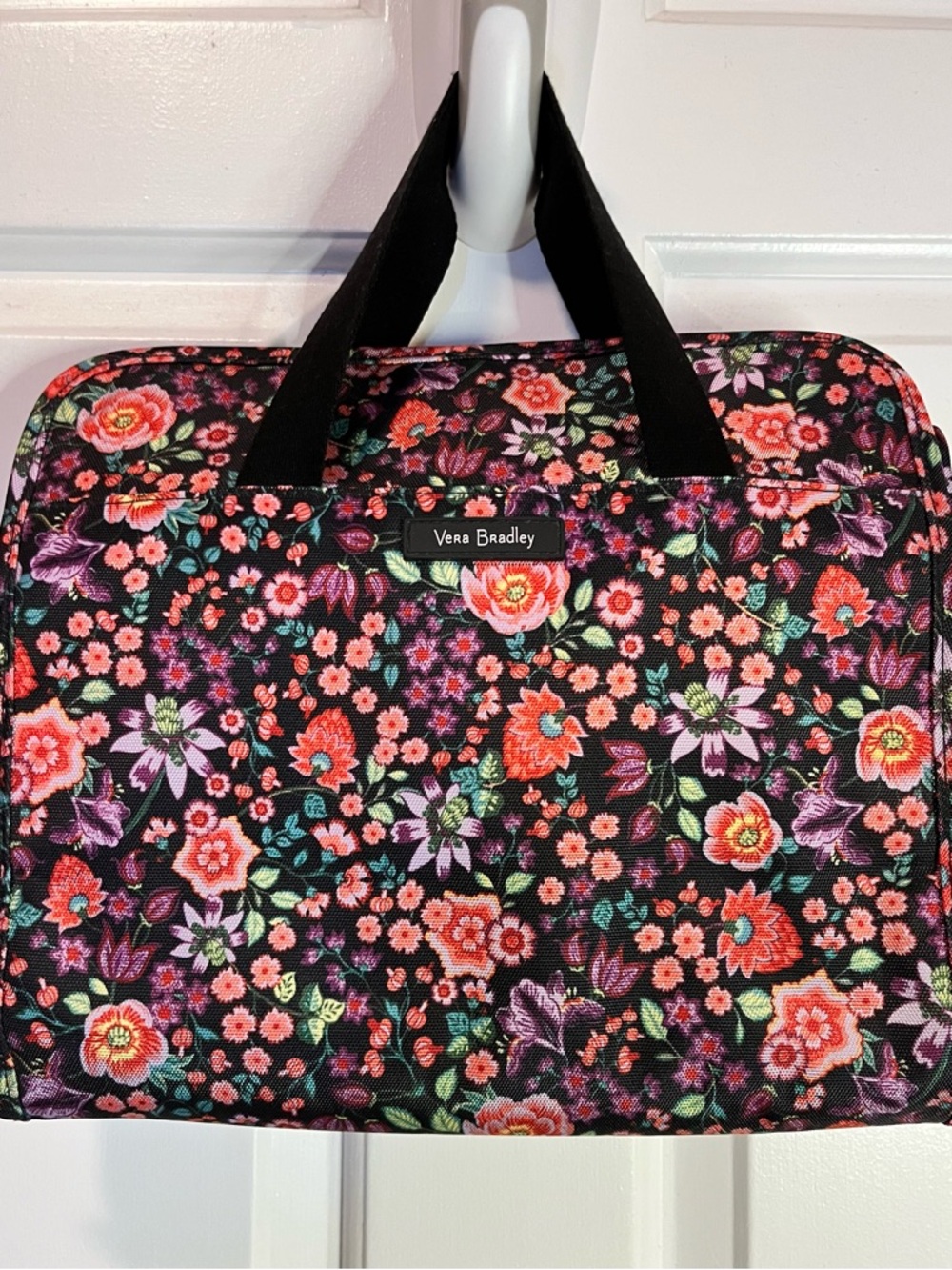 Vera Bradley Petite Vines Black Floral Quilted Hanging Travel Organizer.